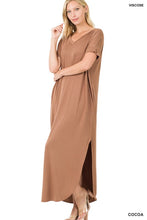 Load image into Gallery viewer, VISCOSE SIDE SLIT V-NECK SHORT SLEEVE MAXI DRESS