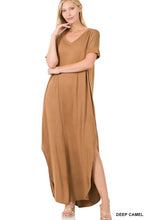 Load image into Gallery viewer, VISCOSE SIDE SLIT V-NECK SHORT SLEEVE MAXI DRESS