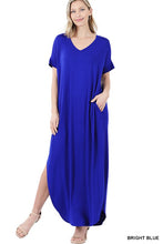 Load image into Gallery viewer, VISCOSE SIDE SLIT V-NECK SHORT SLEEVE MAXI DRESS