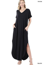Load image into Gallery viewer, VISCOSE SIDE SLIT V-NECK SHORT SLEEVE MAXI DRESS