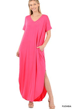 Cargar imagen en el visor de la galería, VISCOSE SIDE SLIT V-NECK SHORT SLEEVE MAXI DRESS
