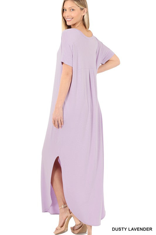 VISCOSE SIDE SLIT V-NECK SHORT SLEEVE MAXI DRESS