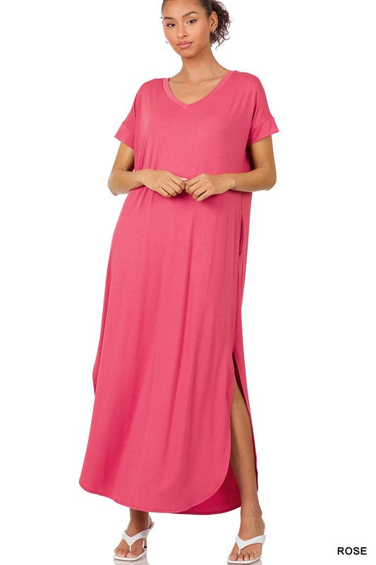 VISCOSE SIDE SLIT V-NECK SHORT SLEEVE MAXI DRESS