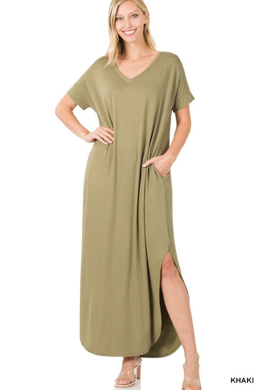 VISCOSE SIDE SLIT V-NECK SHORT SLEEVE MAXI DRESS