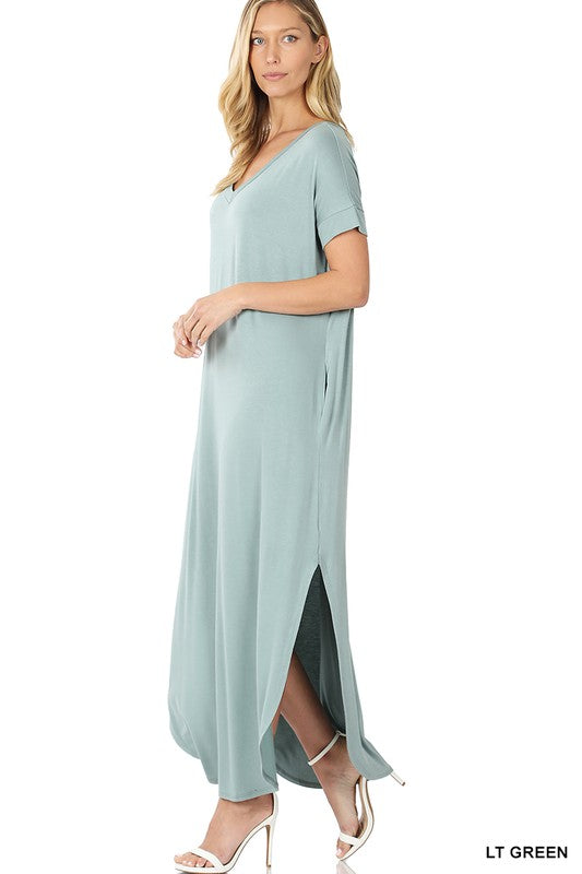 VISCOSE SIDE SLIT V-NECK SHORT SLEEVE MAXI DRESS