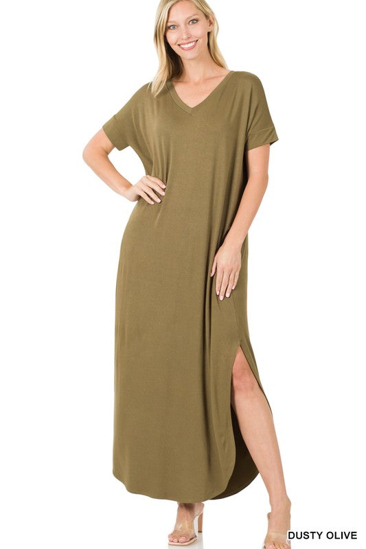 VISCOSE SIDE SLIT V-NECK SHORT SLEEVE MAXI DRESS