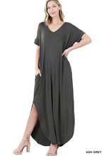 Cargar imagen en el visor de la galería, VISCOSE SIDE SLIT V-NECK SHORT SLEEVE MAXI DRESS
