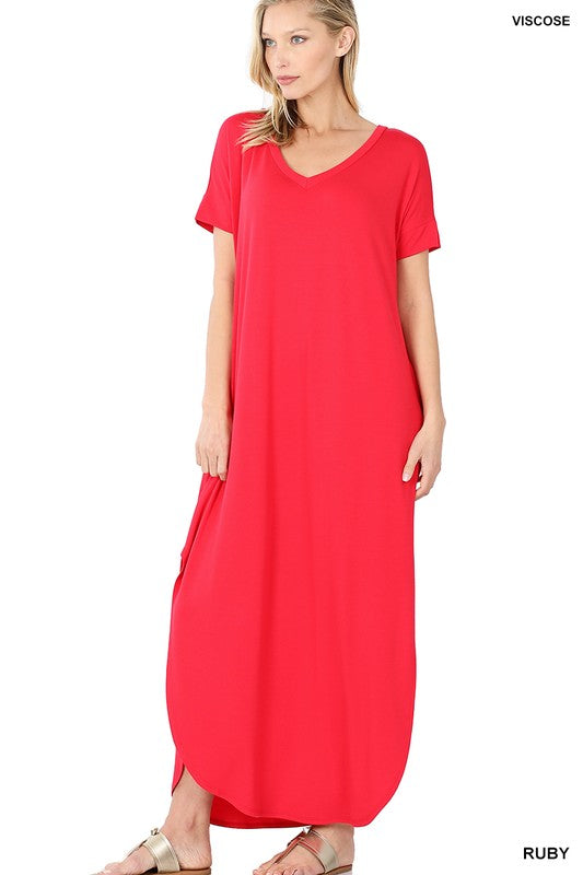 VISCOSE SIDE SLIT V-NECK SHORT SLEEVE MAXI DRESS