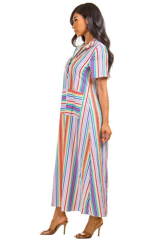 STRIPE SHIRT STYLE LONG MAXI DRESS