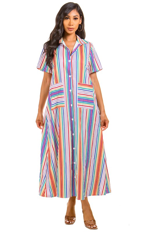 STRIPE SHIRT STYLE LONG MAXI DRESS