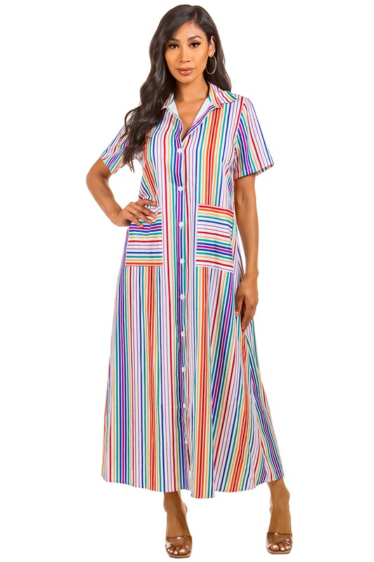 STRIPE SHIRT STYLE LONG MAXI DRESS