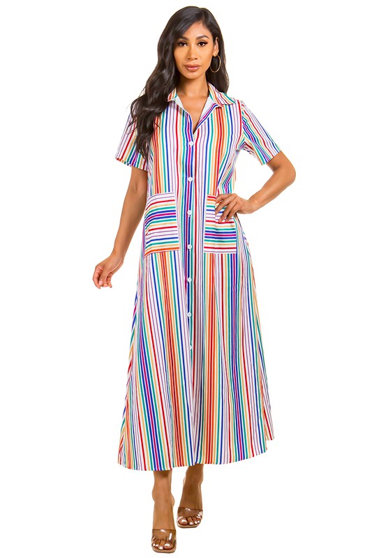 STRIPE SHIRT STYLE LONG MAXI DRESS