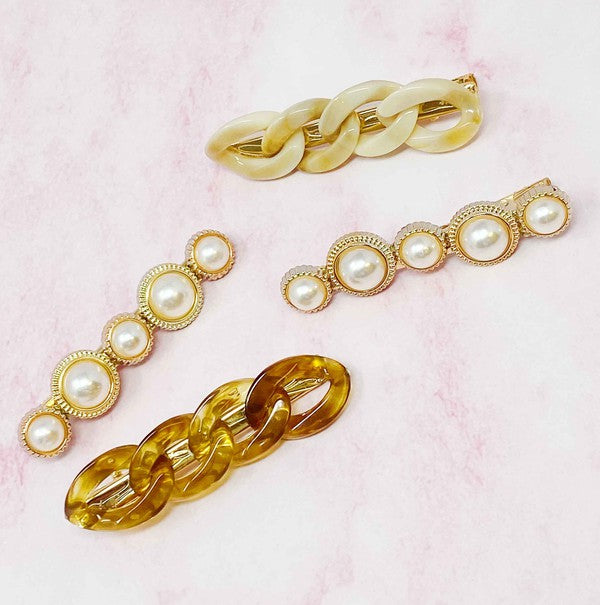 Marble Chain And Pearl Hair Clip Set