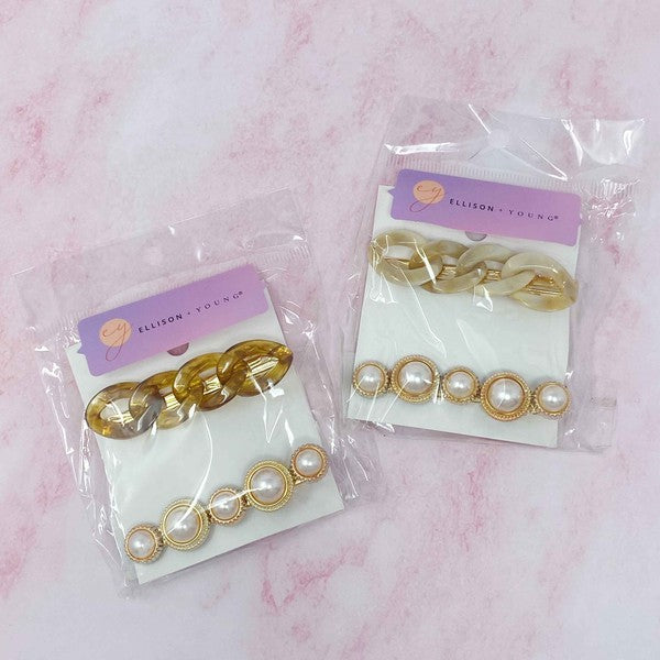 Marble Chain And Pearl Hair Clip Set