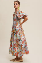 Cargar imagen en el visor de la galería, Flower Print Smocked V-neck Puff Sleeve Maxi Dress
