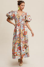 Cargar imagen en el visor de la galería, Flower Print Smocked V-neck Puff Sleeve Maxi Dress
