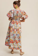 Cargar imagen en el visor de la galería, Flower Print Smocked V-neck Puff Sleeve Maxi Dress
