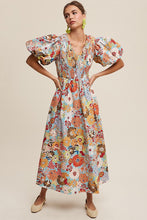 Cargar imagen en el visor de la galería, Flower Print Smocked V-neck Puff Sleeve Maxi Dress
