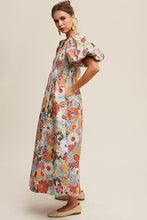 Cargar imagen en el visor de la galería, Flower Print Smocked V-neck Puff Sleeve Maxi Dress
