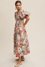 Cargar imagen en el visor de la galería, Flower Print Smocked V-neck Puff Sleeve Maxi Dress
